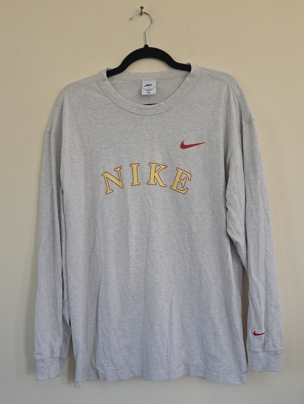 Nike Men’s Long Sleeve Logo Tee Light Gray with Red and Yellow Accents Medium